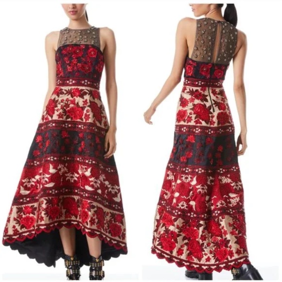 Alicia + Olivia Sarai Embellished Floral High Low Gown Red Black Beaded - Size 2 - Picture 1 of 12